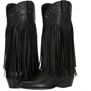 🆕 Women's Black Fringe Western Cowboy Boots Faux Leather Rodeo Style Footwear